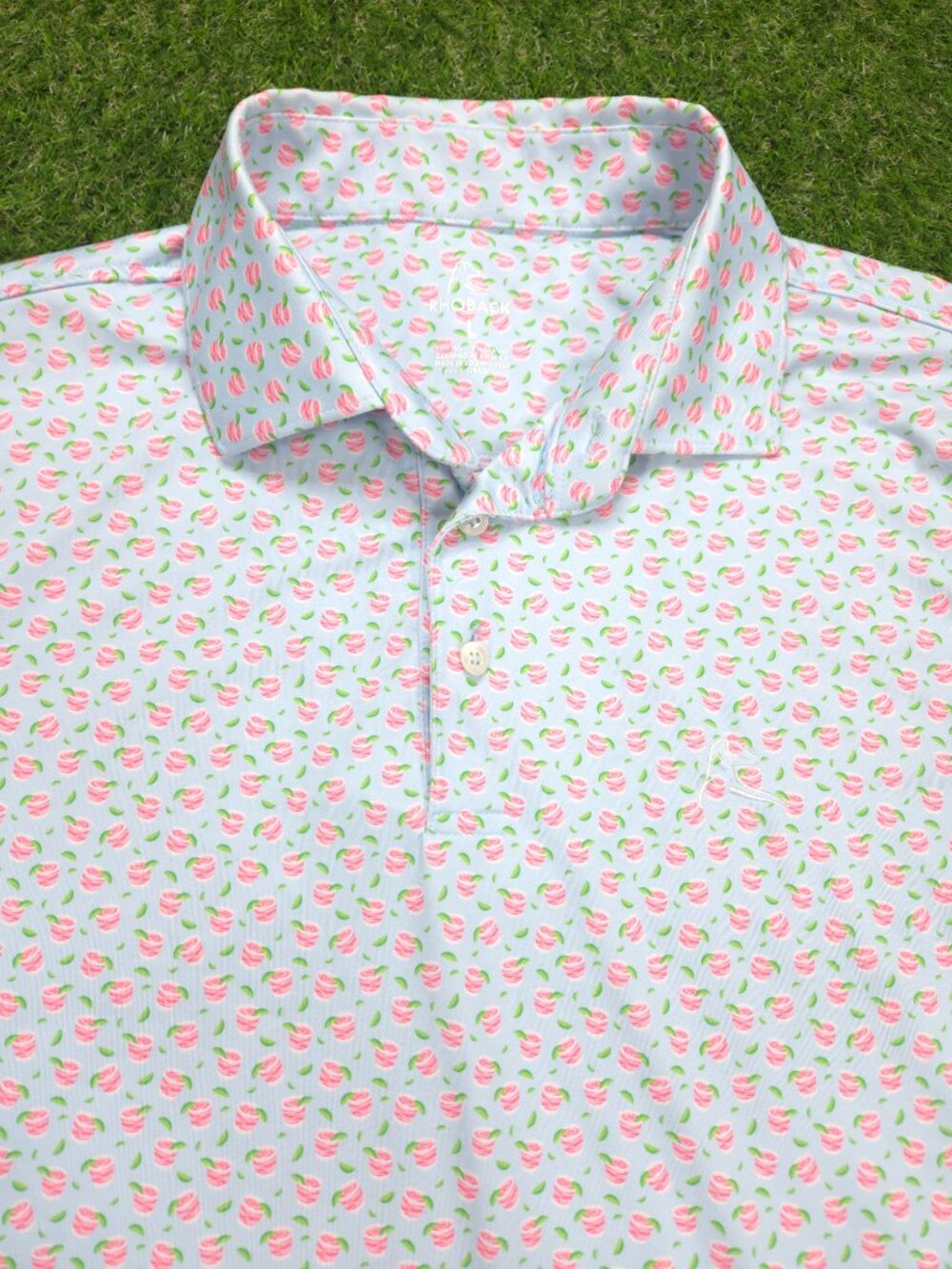 Rhoback Polo Shirt Mens Large Blue Pink Green Drink Cocktail Performance Golf